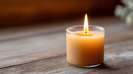 Soothing candle flame flickering on rustic wooden surface for relaxation and meditation