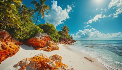 a vibrant tropical beach scene features bright orange coral rocks lining a pristine white sand shore beneath lush green vegetation and a brilliant blue sky dotted with fluffy white clouds.