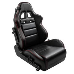 Naklejka premium Black Racing Car Seat with Red Stitching and Textured Inserts Isolated on Black Background