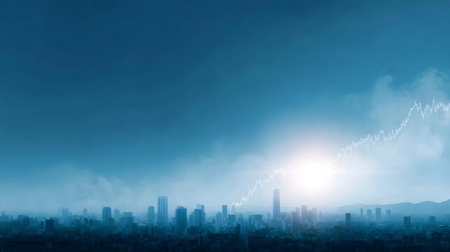 A modern city skyline at dawn illuminated by a bright sunburst and overlaid with an ascending financial graph symbolizing economic growth and