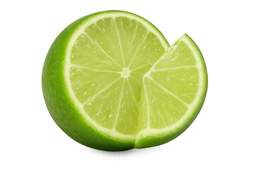 Fresh green lime fruit slice and wedge for tropical drinks and healthy eating on transparent background