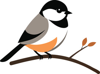 Charming doodle of a chickadee foraging berries on a snowy branch in playful 2D illustration. © MdMahadi