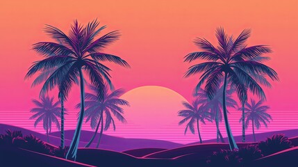 Obraz premium Vaporwave stylized palm trees in a sunset landscape.