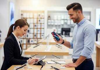 Man examines new smartphone in modern electronics store while saleswoman assists customer with tablet, showcasing technology and customer service.