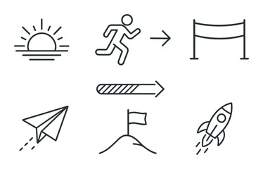 Minimalistic icons: sunrise, running, finish line, progress, paper airplane, rocket