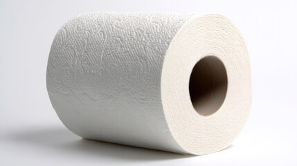 Fototapeta premium A single roll of white paper towel with a textured surface, placed on a white background, showcasing its clean and simple household design.