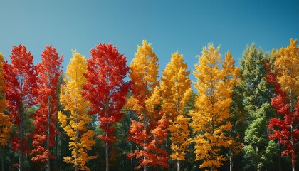a vibrant display of autumn trees showcases a gradient of fiery red, orange, and golden yellow foliage against a clear blue sky.