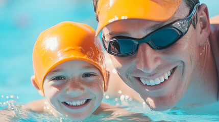 Young boy learning swimming techniques with coach in pool for fitness and fun