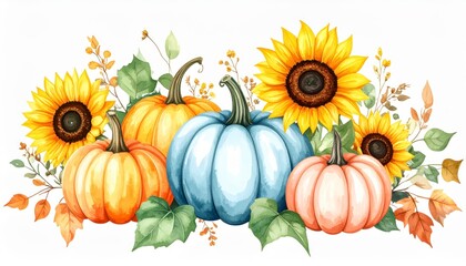 A watercolor card for Thanksgiving and Halloween a greeting arrangement with colorful pumpkins and sunflower. Festive fall holiday note handmade paper craft cheerful autumn design