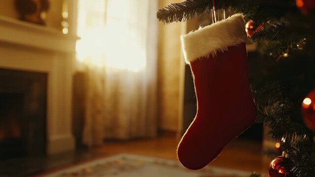 Red christmas stocking hanging on decorated christmas tree in cozy living room