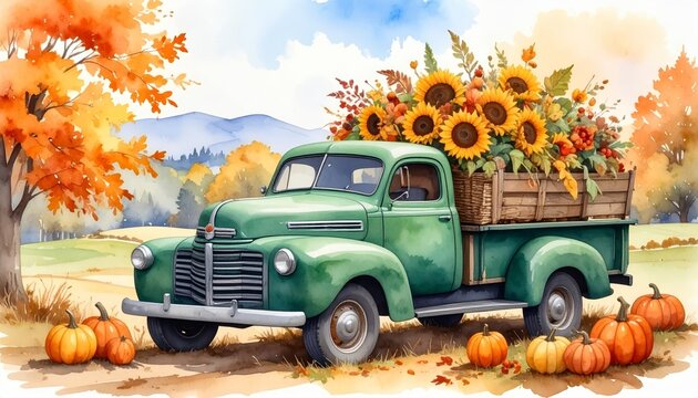 A vintage truck loaded a wicker basket with an autumnal harvest of apples sunflowers pumpkins and beautiful foliage. Retro green automobile watercolor artwork Thanksgiving holiday card