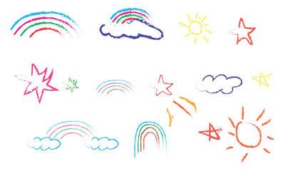 Obraz premium hand drawn vector design of clouds sun rainbows and stars isolated graphic elements.