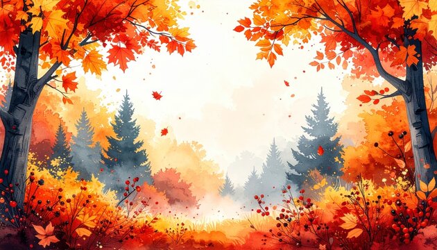Autumn season party festival invite poster banner watercolor style card design border frame colorful orange yellow orange red fall leaves forest maple oak tree berries. Celebrate autumn