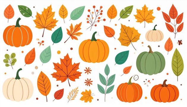 Autumn themed flat design illustration with pumpkin leaves and other seasonal elements. Fall season graphic gourd foliage nature icon simple autumn drawing.