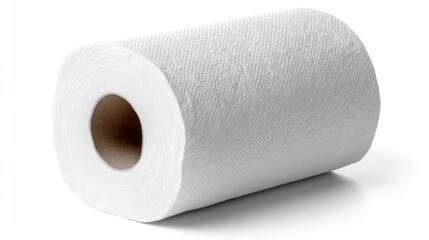 Fototapeta premium A single roll of white paper towel with a textured surface, placed on a white background, showcasing its clean and simple household design.