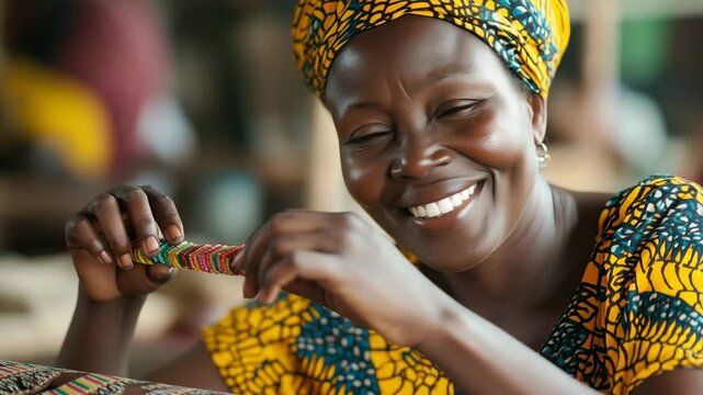 African craftswoman working with colorful beads and smiling at the camera