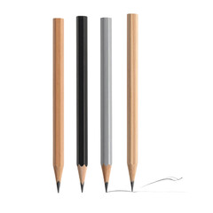 Four assorted pencils, including natural wood, black, and grey, on a stark black background, with one drawing a crisp white line.