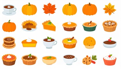 Autumn food flat icon set. pumpkin pie soup and cookie icons flat collection. Seasonal fall food icon. graphic element about squash tart broth plus treat.