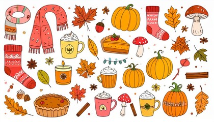 Autumn hand drawn sticker set. Cozy hygge fall icons. Scarf candle hot chocolate socks pie pumpkin spice latte mug jam leaves mushroom. Cute autumn doodle. flat illustration.