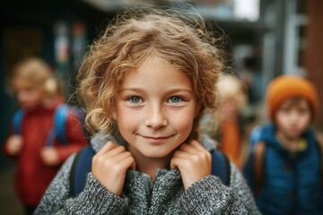 Smiling Young Girl with Curly Hair and Backpack Ready for School on City Street