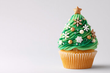 Festive Christmas Tree Cupcake Delight with Green Frosting and Holiday Ornaments