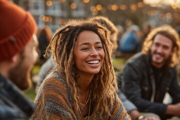 Smiling Young Woman with Dreadlocks in Outdoor Gathering 