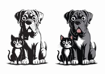 Cute Cartoon Dog and Cat Vector Illustration, Funny Boxer Dog with Kitten, Pet Animal Friendship Artwork, Adorable Puppy and Kitty Clipart for Stickers, Posters, T-Shirts, Greeting Cards