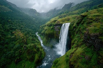 Obraz premium Majestic waterfall cascading down a lush Icelandic valley
