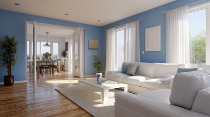Bright and airy living room with white sofas, blue walls, wood flooring and open doorway to dining area with natural light and modern decor