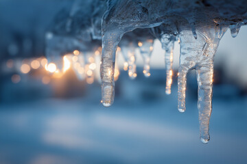 Very close-up of frozen icicle with light reflection 