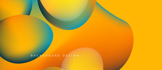 Abstract fluid shapes blend, creating vibrant yellow, orange, blue gradients. Modern design evokes energy, movement, depth. Background features text.