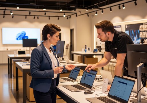 Woman discussing laptop features with sales associate in modern electronics store, considering purchase with bright interior lighting and focused interaction.