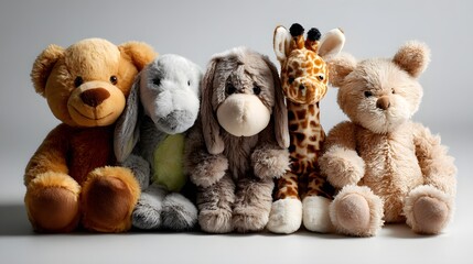 Row of adorable plush animals sitting in soft light on neutral background, perfect for toy ad, children's product catalog