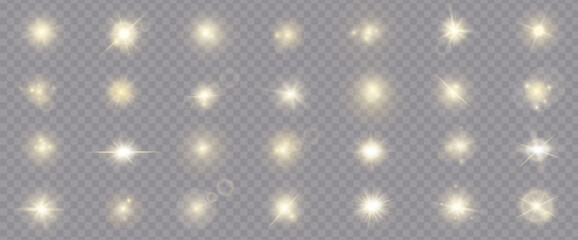 Realistic shine and glow effects big pack isolated on transparent background. Sparkles and explosion effects. Stars and light beams. Sun light effects isolated. Vector illustration