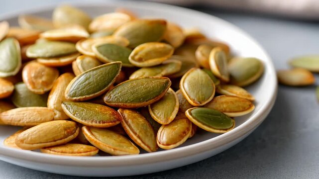 Closeup of roasted pumpkin seeds in white plate rotating on grey surface