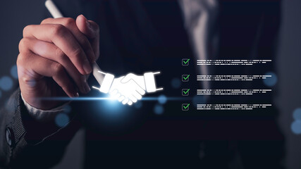 Deal agreement concept with businessman holding digital pen and handshake icon, symbolizing contract signing, business partnership, negotiation, trust, corporate collaboration, and strategic success.