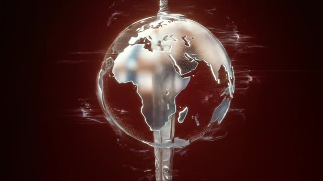 Elegant sword piercing globe on red background for editorial or commercial use