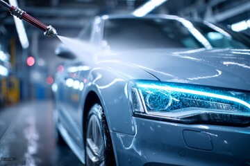 Naklejka premium Close-up of a modern car being power washed, showcasing the detail and precision of automotive cleaning processes, creating a pristine and shining surface.