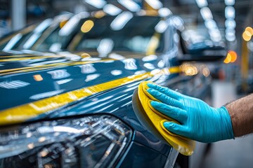 Obraz premium Close-up of a worker's hand in a blue glove polishing the hood of a modern blue car with a yellow sponge, cleaning the vehicle with focus on detailing.