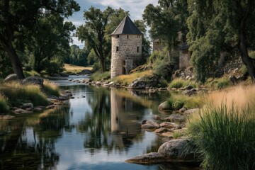 Tranquil Landscape with Stone Tower Reflected in Calm Stream Amidst Lush Greenery and Bright Sunlight