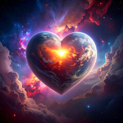 Heart shaped planet glowing with sunrise over colorful nebula clouds, dramatic cosmic light and fiery atmosphere evoking wonder