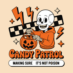 Retro Cartoon Skeleton Mascot with Pumpkin Basket and 