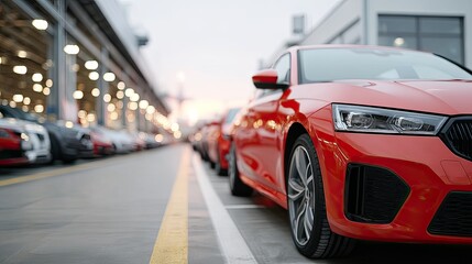 Close Up Shot Of Red Cars Parked In A Row Underneath A Metallic Structure With Soft Lighting