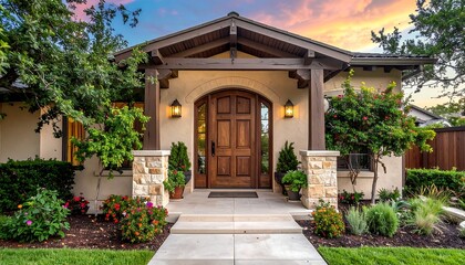 Home facade at sunset