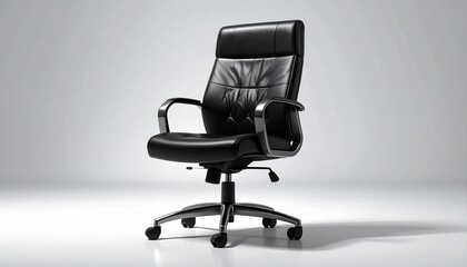Fototapeta premium A black leather office chair with padded armrests and high back—set on five-wheel base against clean backdrop. A metaphor for authority and the choreography of support through ergonomic stillness.