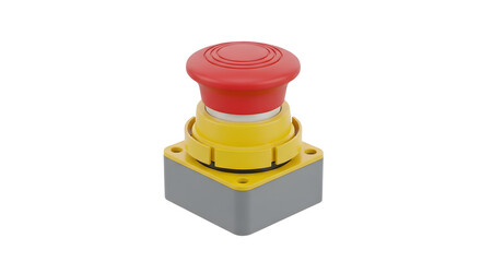 Red Emergency Stop Button with Yellow Base on Grey Plastic Housing for Safety Control Panel
