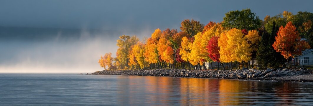 Autumnal lake shore with vibrant fall colors reflected in calm water