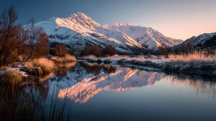 Fototapeta premium Serene mountain landscape with a tranquil lake reflecting the snowy peak at dusk.