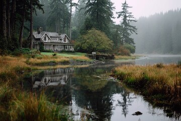 Obraz premium Misty lakefront house in a dense forest