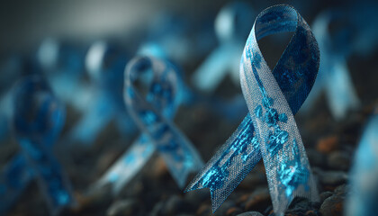A collection of blue awareness ribbons floats in the air, symbolizing Movember and men's mental health awareness